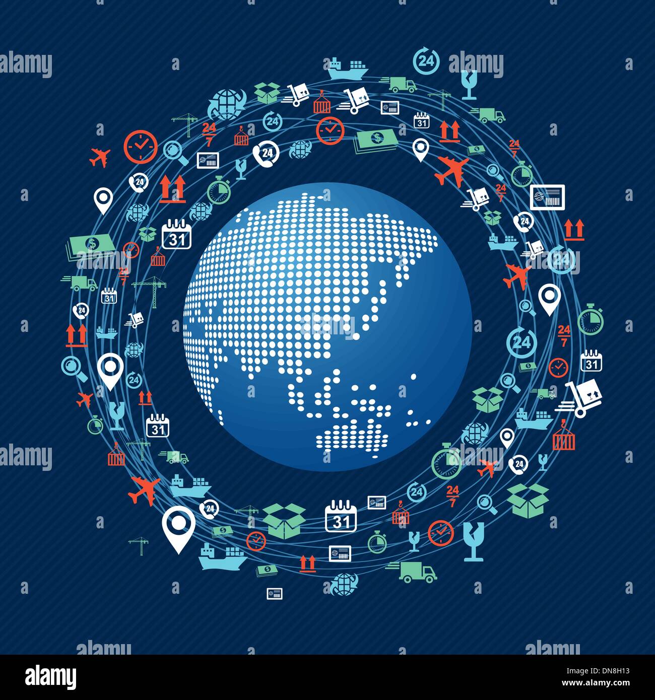 World map Asia continent colorful shipping network icons composi Stock