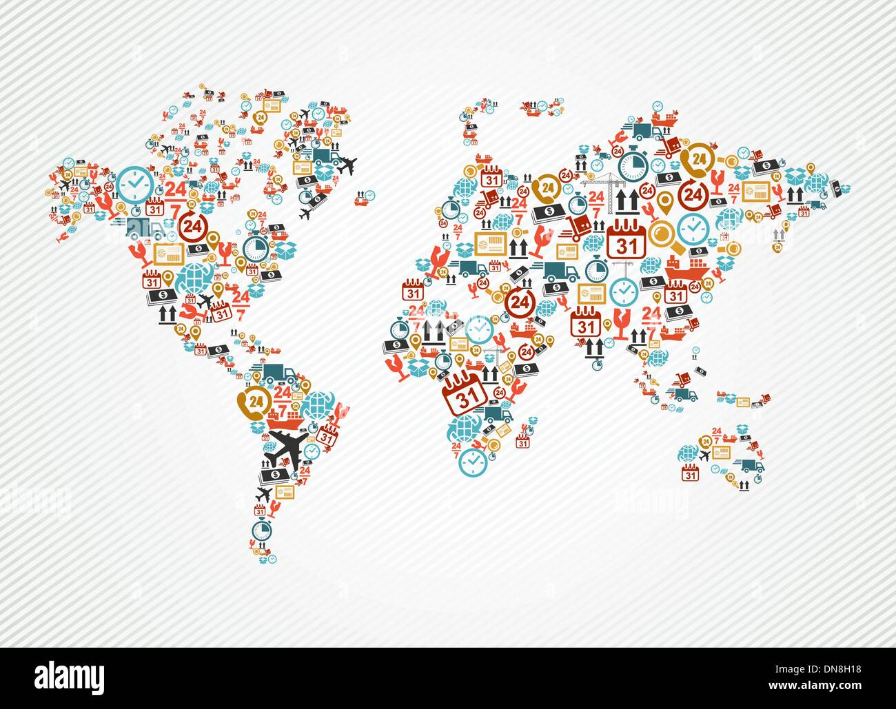 Delivery world map colorful shipping web icons illustration. Stock Vector