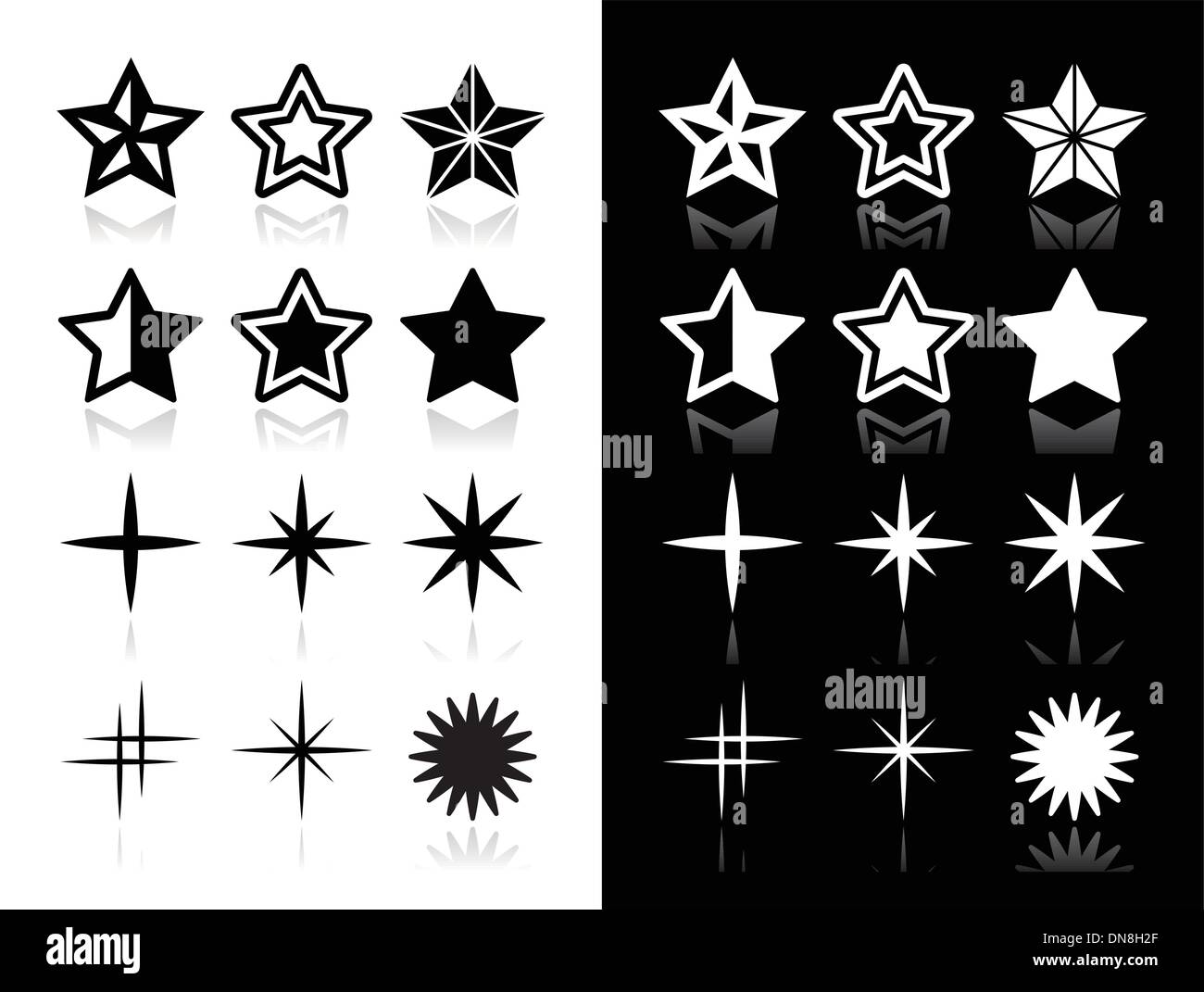 Stars icons with shadow on black and white background Stock Vector