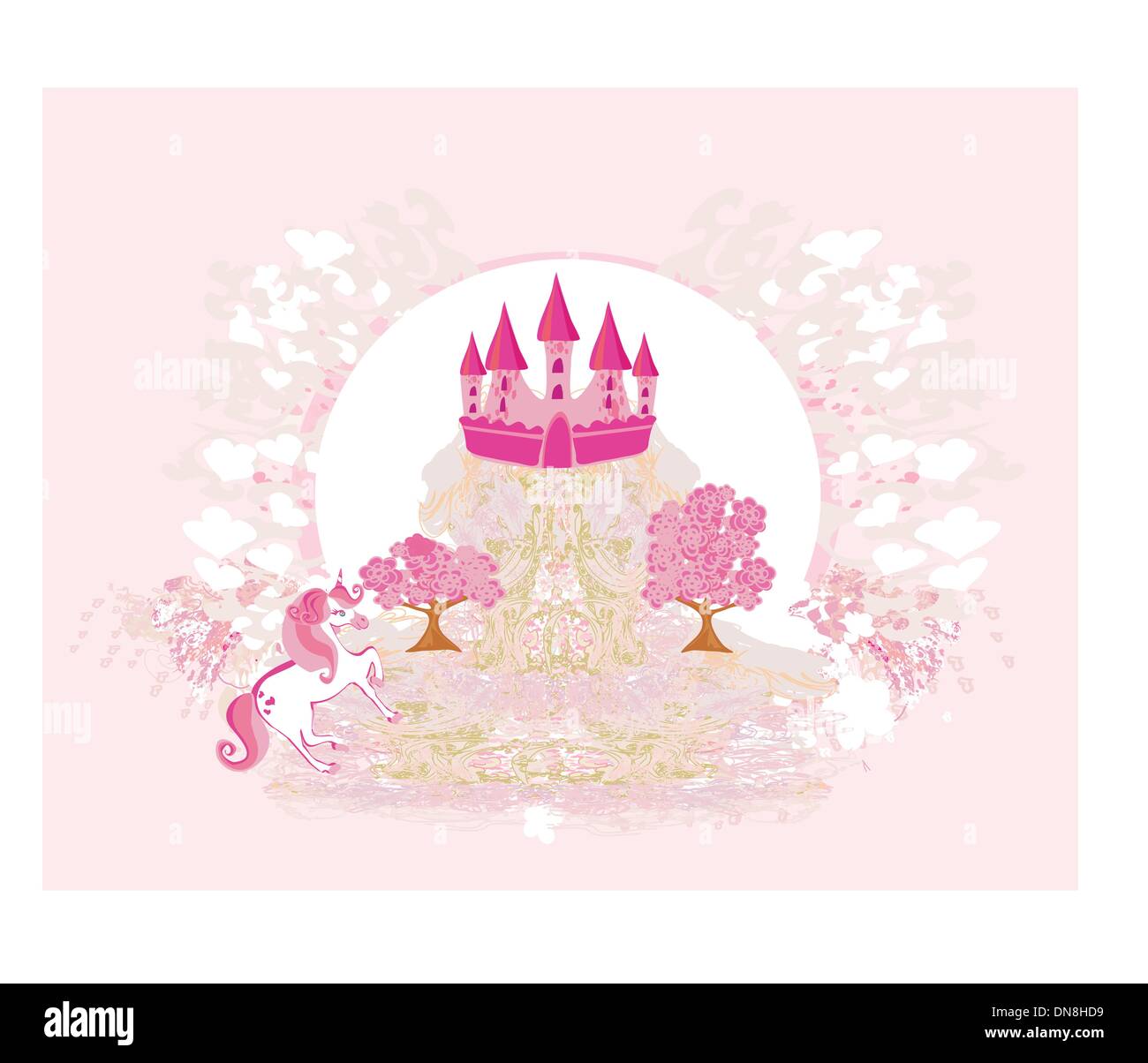 abstract image of a pink castle and unicorns Stock Vector