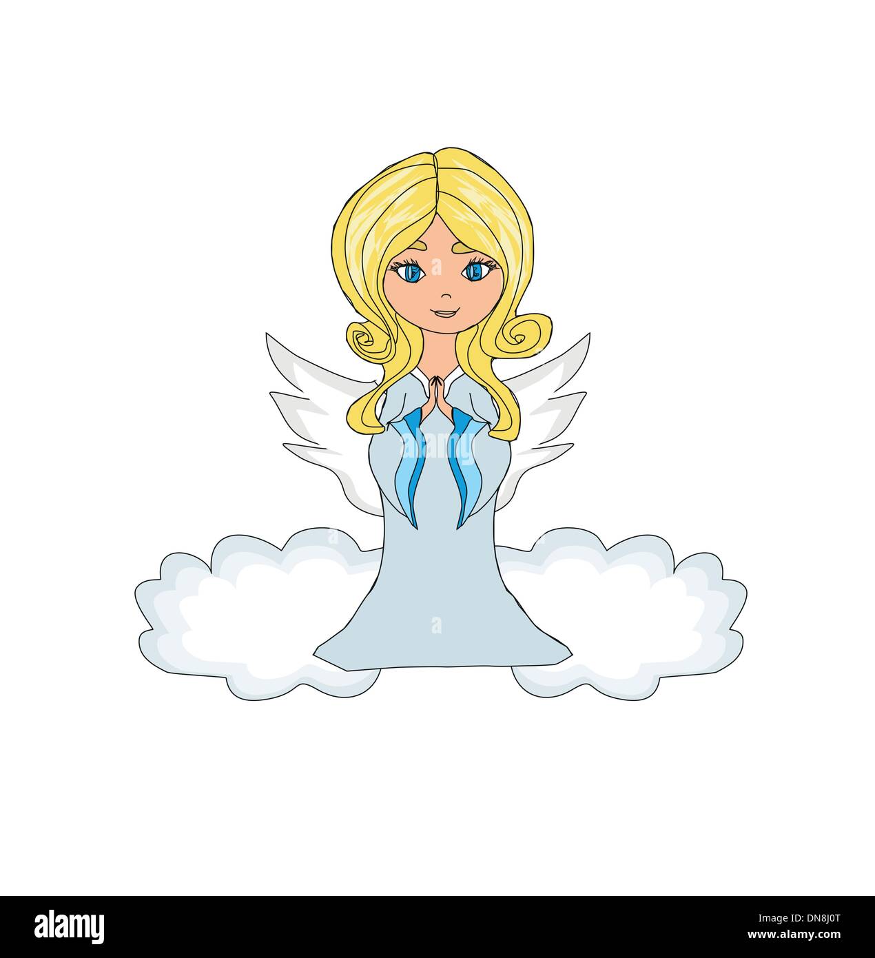 sweet little girl angel Praying while Kneeling on the Clouds Stock Vector