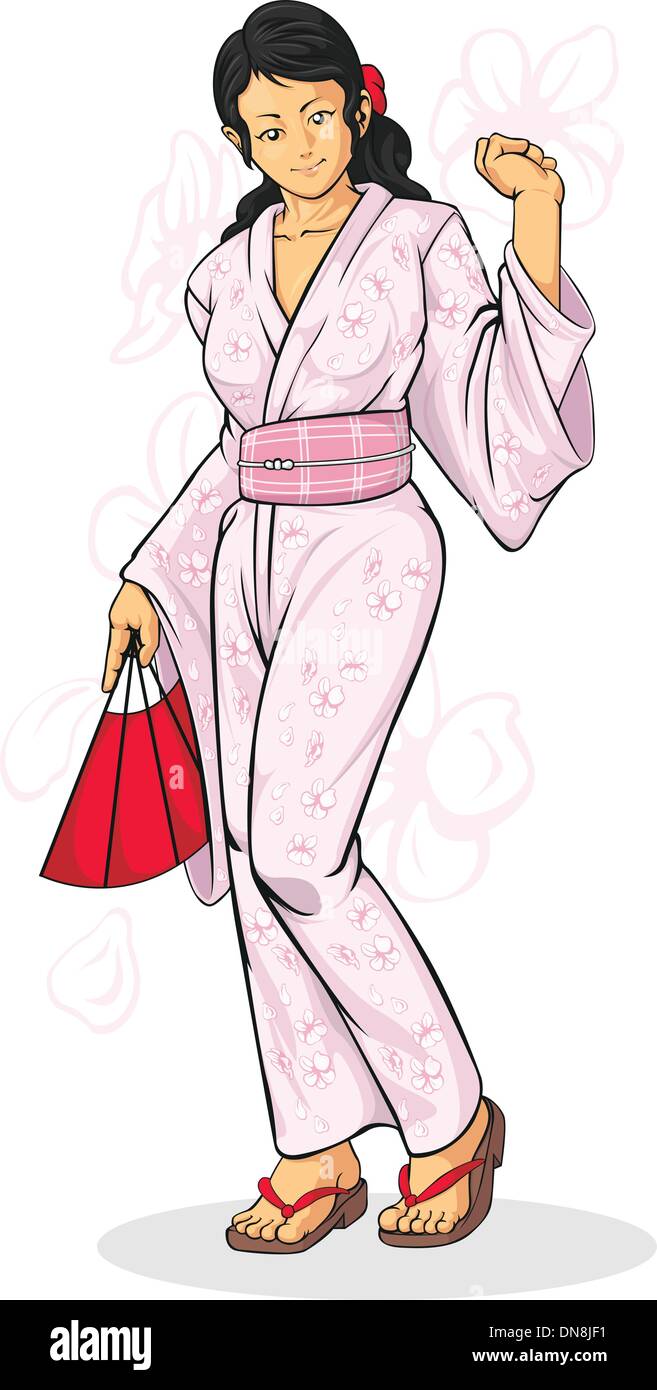 Girl Wearing Japanese Kimono Stock Vector