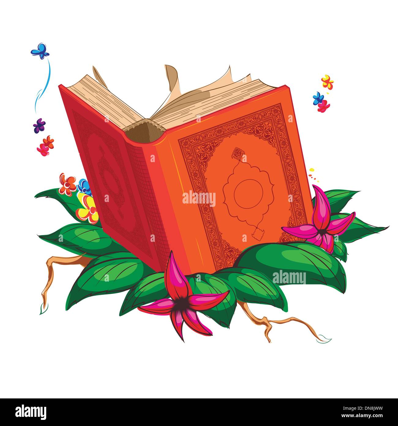 Holy Book on Leaves Surrounded with Flowers Stock Vector