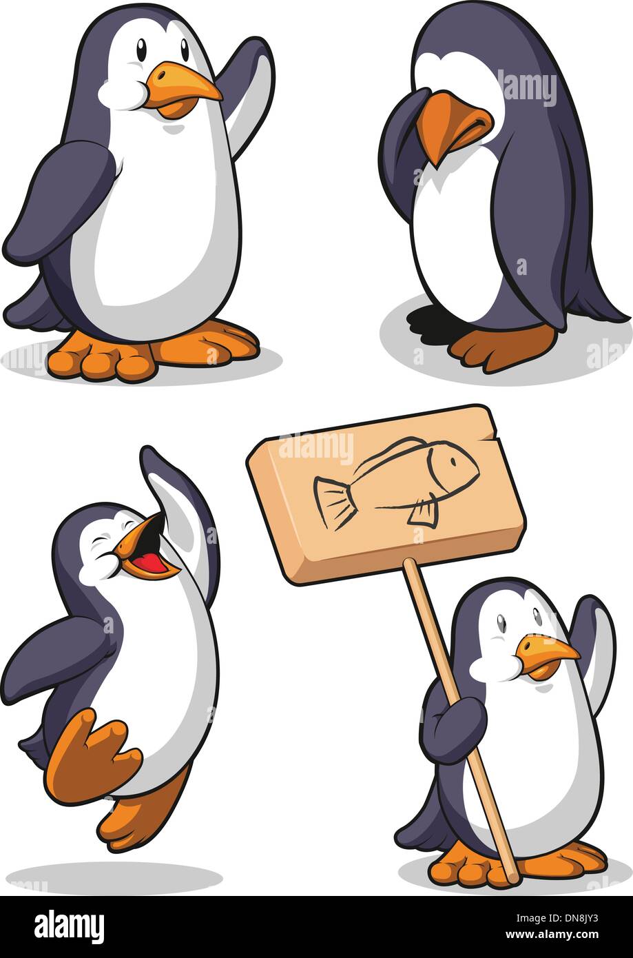 Penguin in Several Poses - Happy, Sad, Jumping & Holding Sign Stock Vector