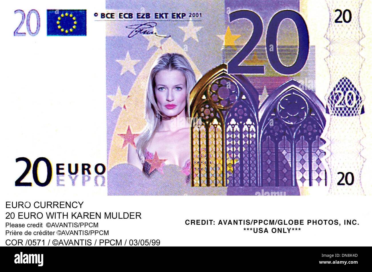 May 3, 1999 - COR/0571        03/05/99.EURO CURRENCY.20 EURO WITH KAREN JULDER.CREDIT: AVANTIS/PPCM/   1999.              ***USA ONLY*(Credit Image: © Globe Photos/ZUMAPRESS.com) Stock Photo
