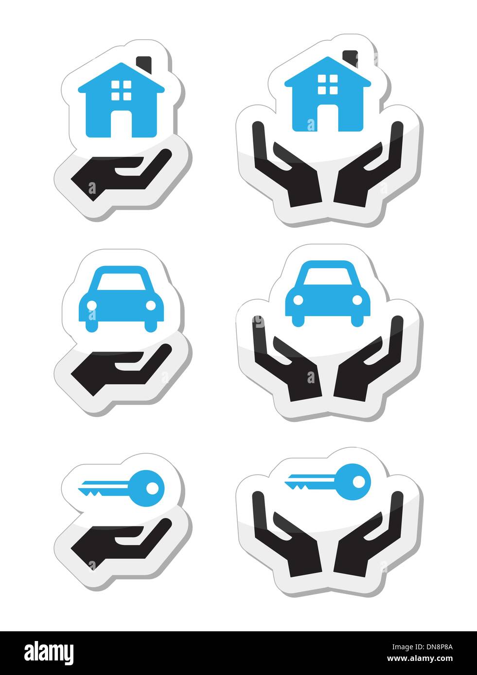 Home, car, keys with hands icons set Stock Vector