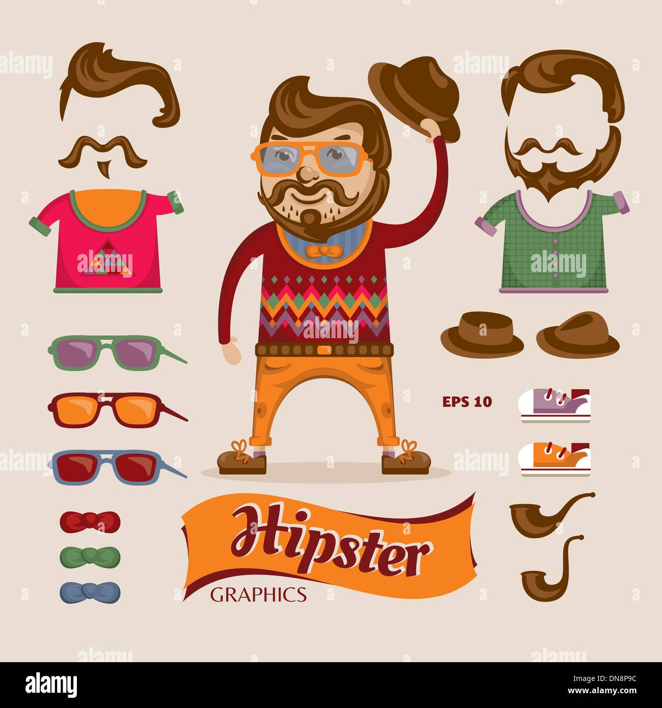 Hipster handsome man with hipster accessories Stock Vector