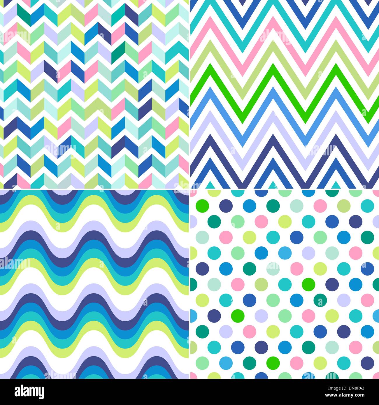 seamless stripes, zig zag and polka dots background Stock Vector