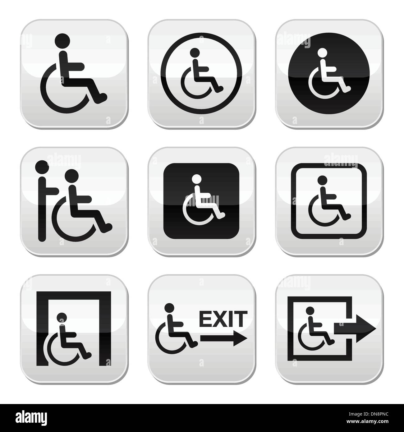 Man on wheelchair, disabled, emergency exit buttons set Stock Vector