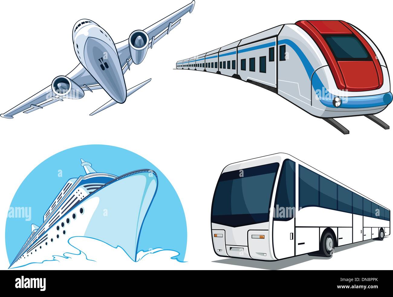 Travel Transportation Set - Airplane, Bus, Cruise Ship, and Train Stock Vector