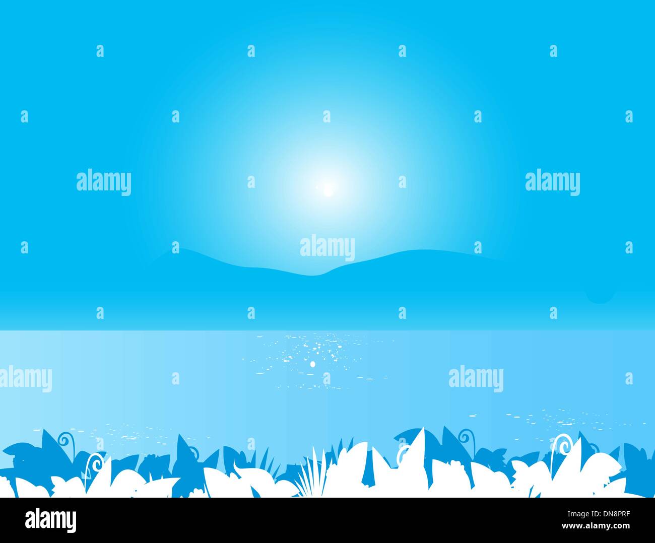 Blue sea landscape background with plant leafs Stock Vector