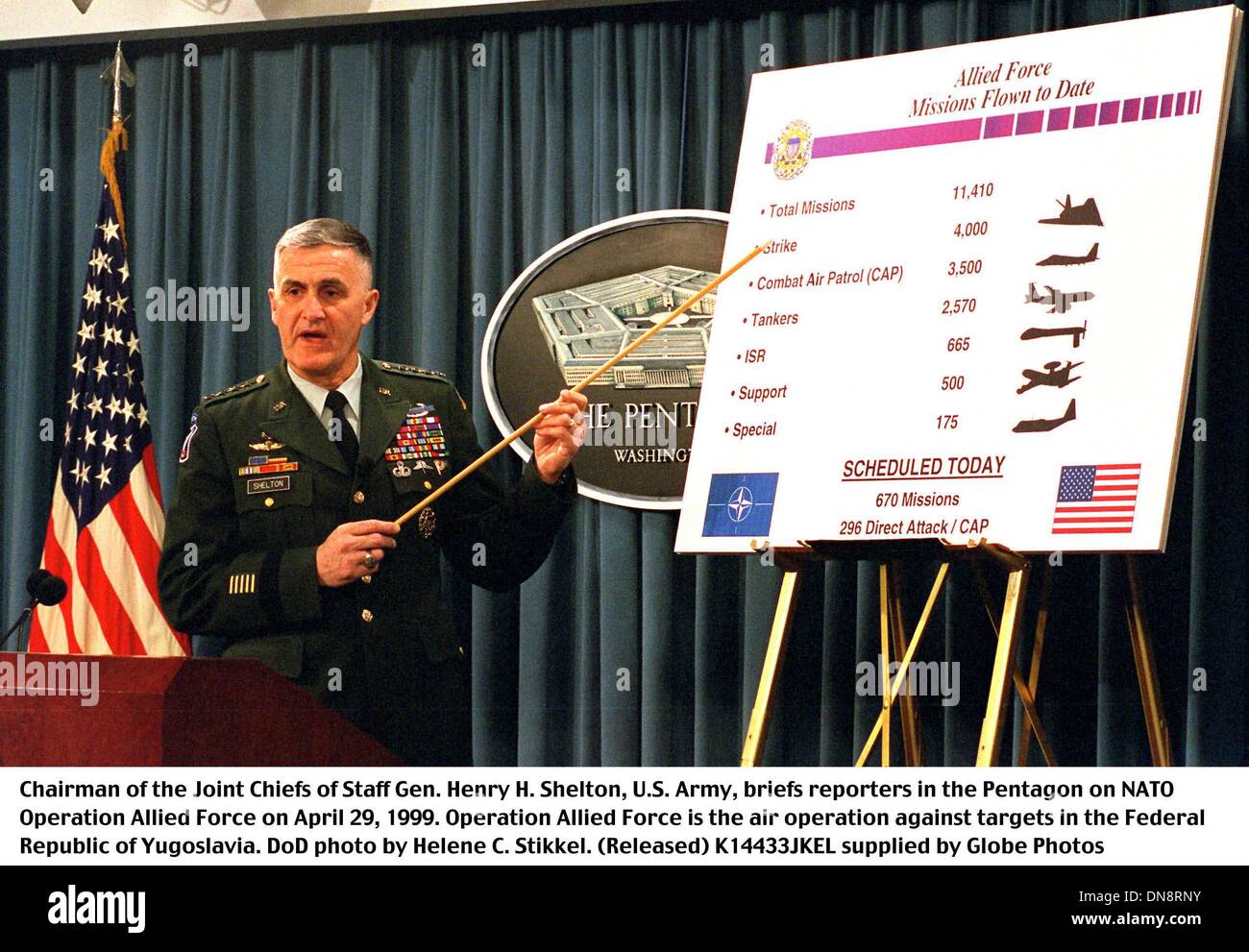 Apr. 29, 1999 - K14433JKEL    04/29/99.990429-D-2789S-024..Chairman of the Joint Chiefs of Staff Gen. Henry H. Shelton, U.S. Army, briefs reporters in the Pentagon on NATO Operation Allied Force on April 29, 1999.  Operation Allied Force is the air operation against targets in the Federal Republic of Yugoslavia.  .DoD  Helene C. Stikkel.  (Released).Supplied by    1999(Credit Image Stock Photo