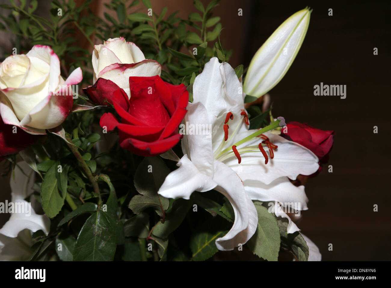 Bouquet Of Flowers White And Red Roses And Lillies Stock Photo Alamy