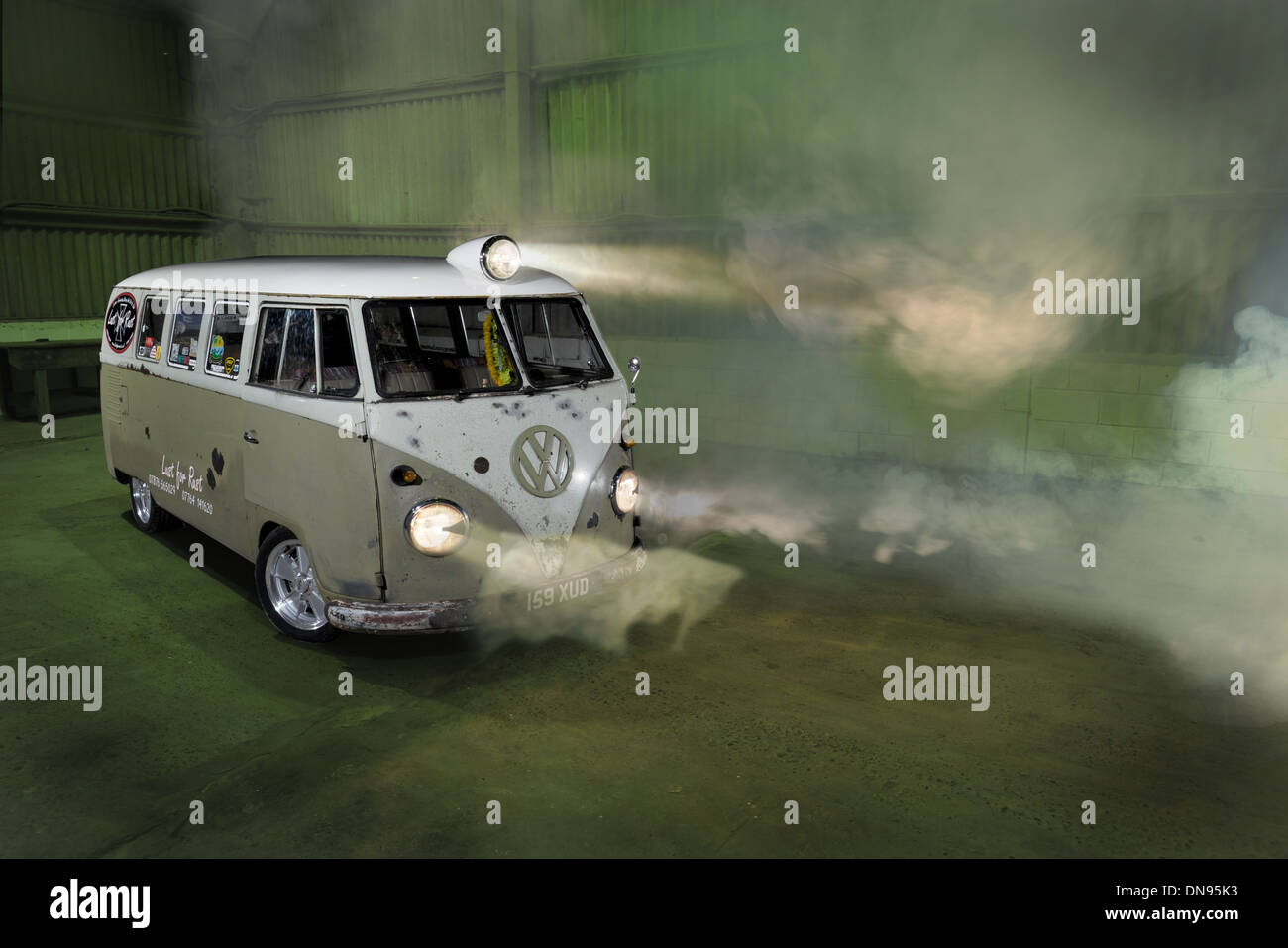 Split Screen VW camper van micro bus in mist Stock Photo