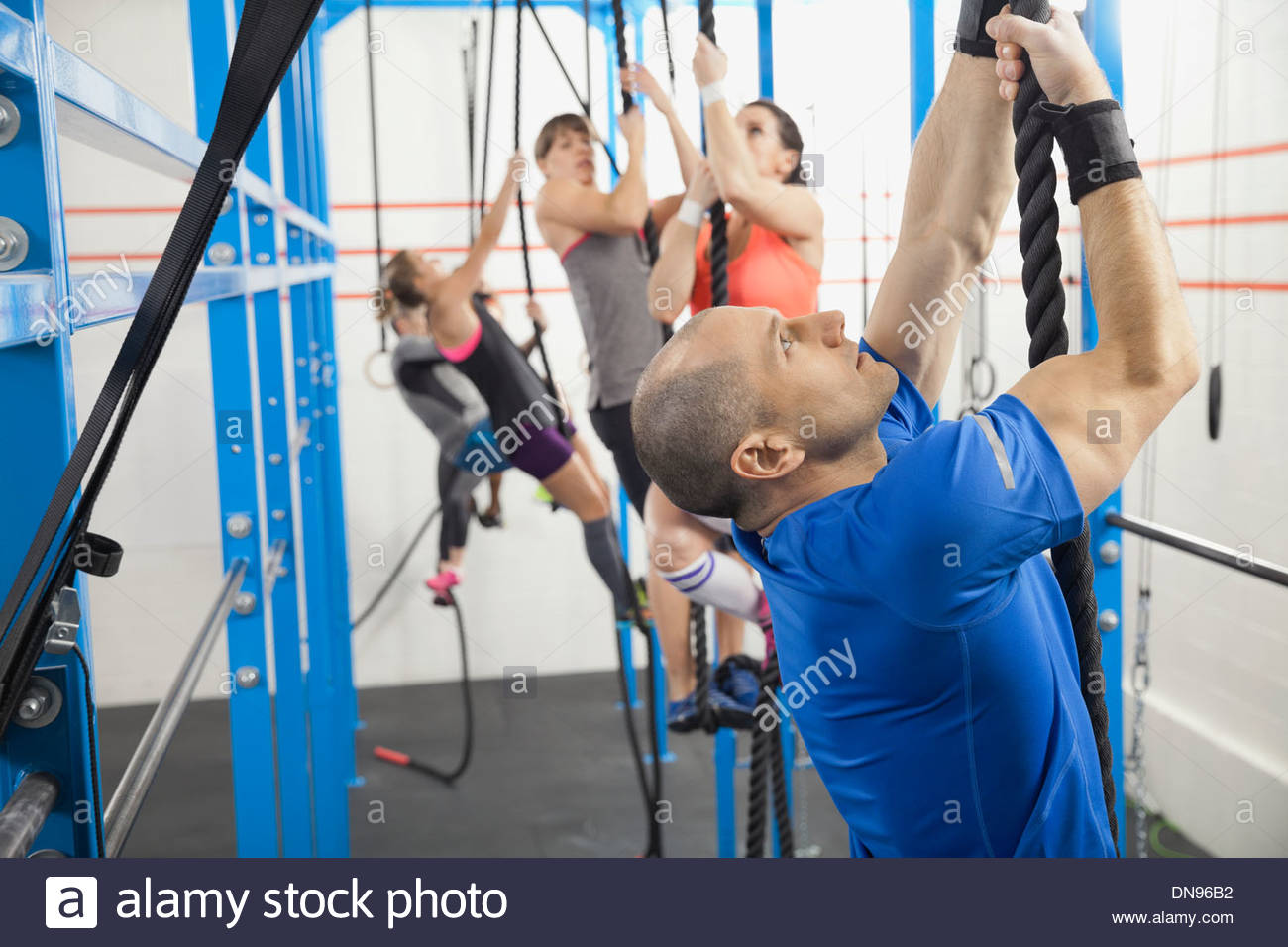 Man climbing rope in gym Stock Photo Alamy