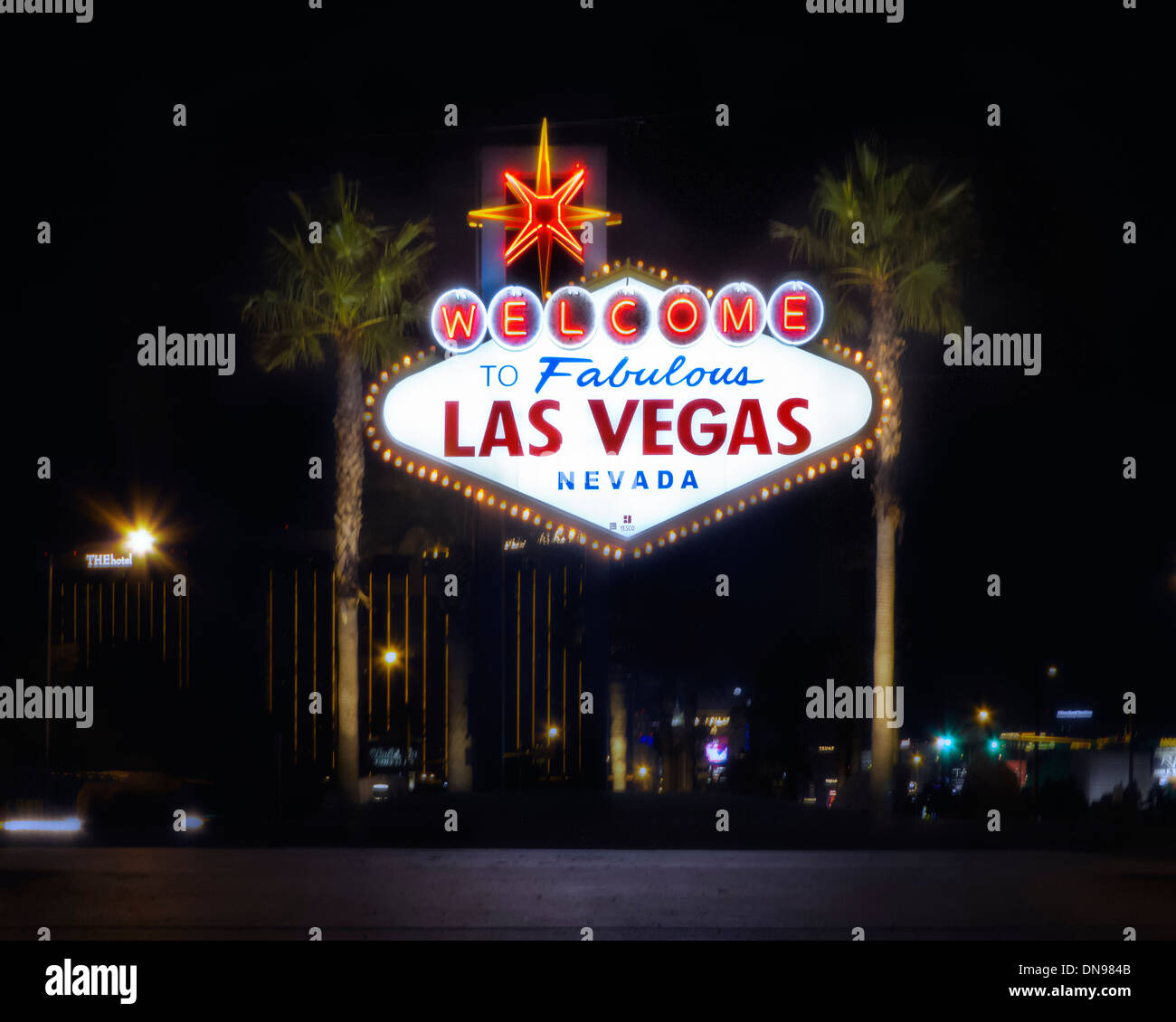 A night image of the iconic Welcome to Fabulous Las Vegas sign Stock Photo