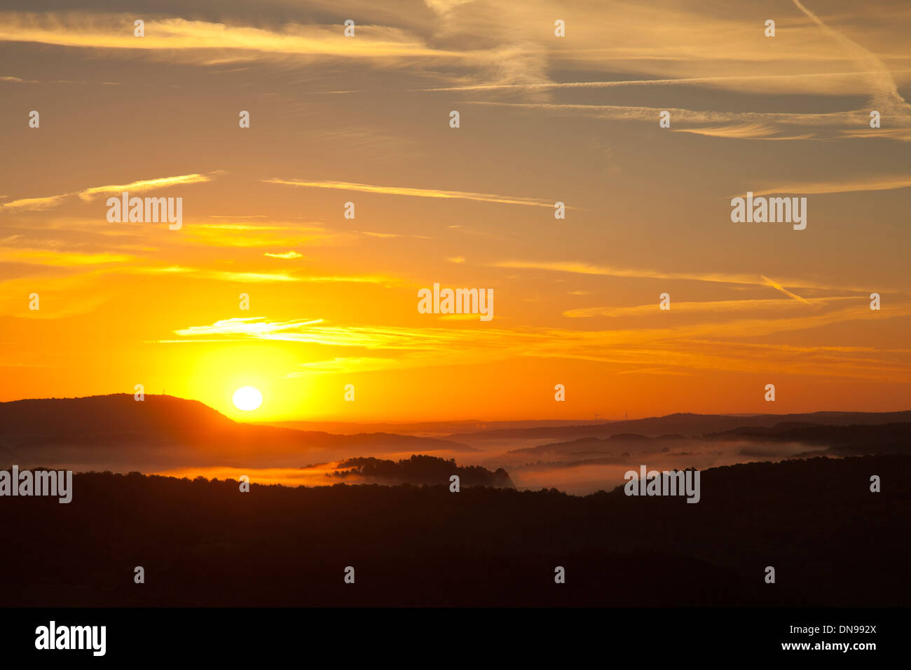 Sunrise above the Thuringian Forest, Eisenach, Thüringer Wald, Thuringia, Germany, Europe Stock Photo