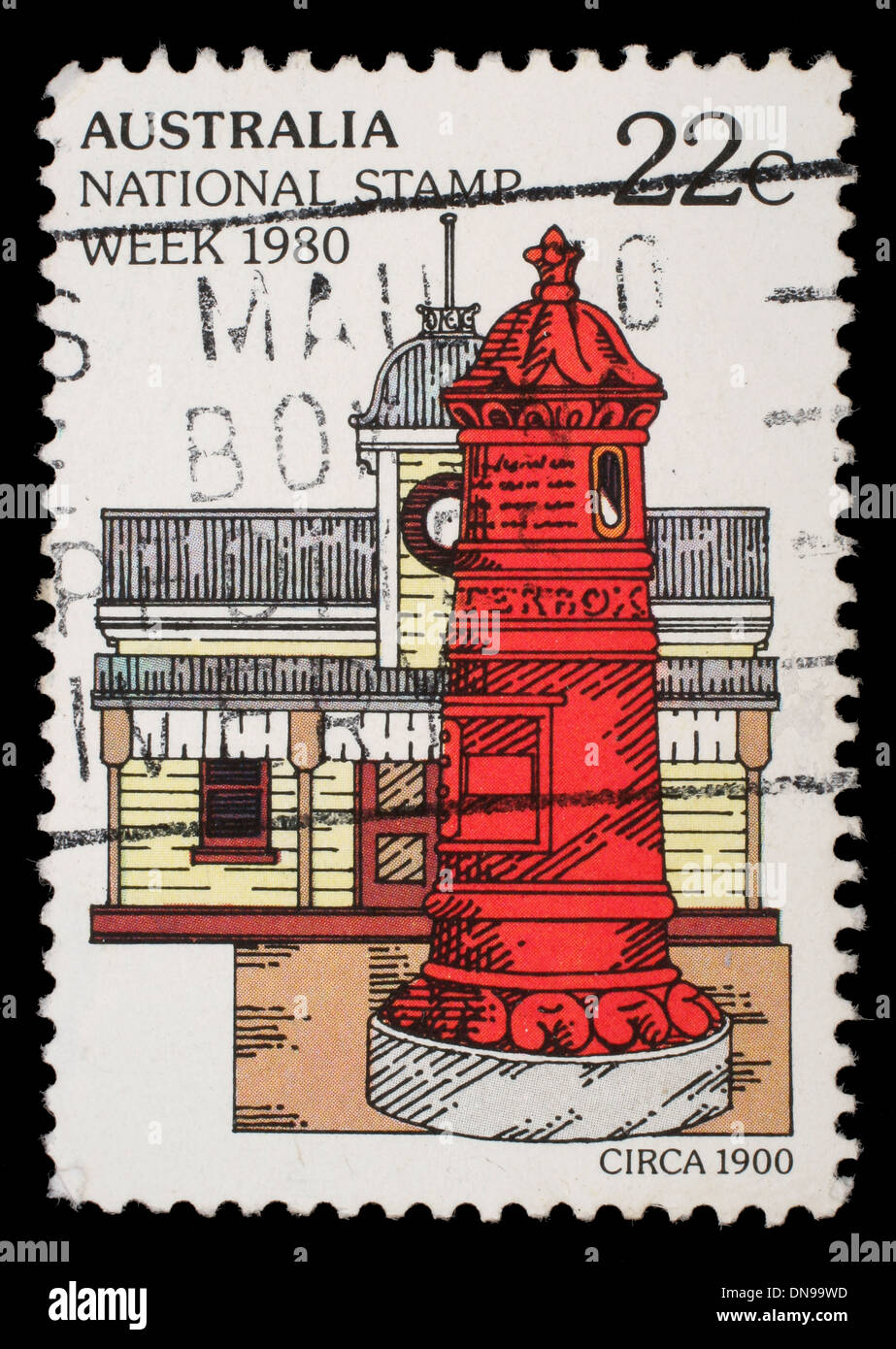 AUSTRALIA - CIRCA 1980: A stamp printed in Australia from the 'National Stamp Week' issue shows postbox, circa 1980. Stock Photo