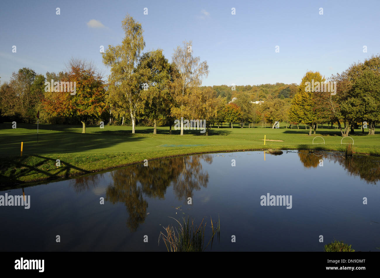 Sundridge Park Golf Club - View over Pond beside 6th Green on the East Course with colourful Autumn Trees Bromley Kent England Stock Photo