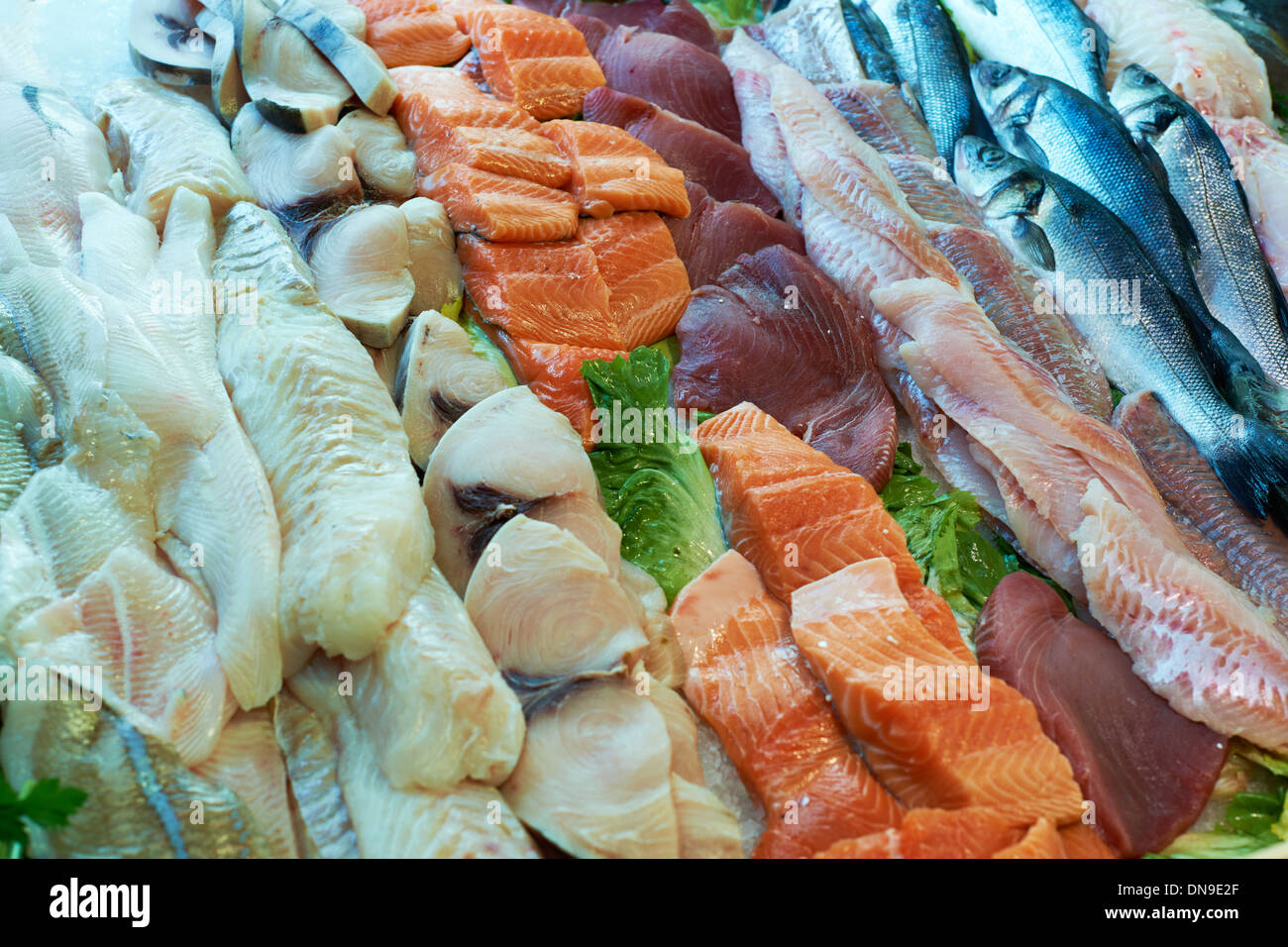 Fresh mediterranean fish fillet on sea food market stall for sale in