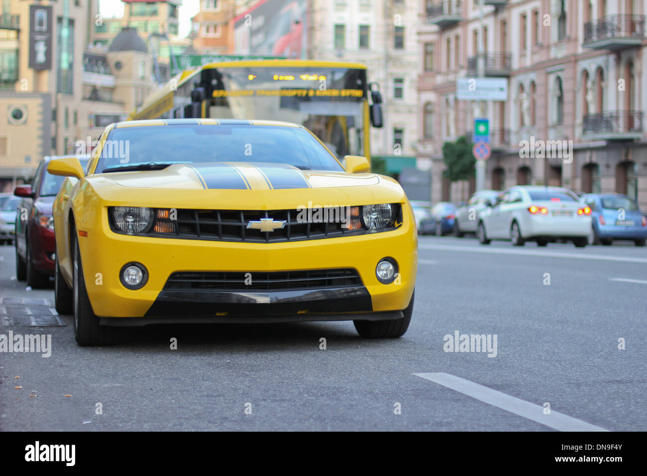 Yellow car Chevrolet Camaro on the street Stock Photo