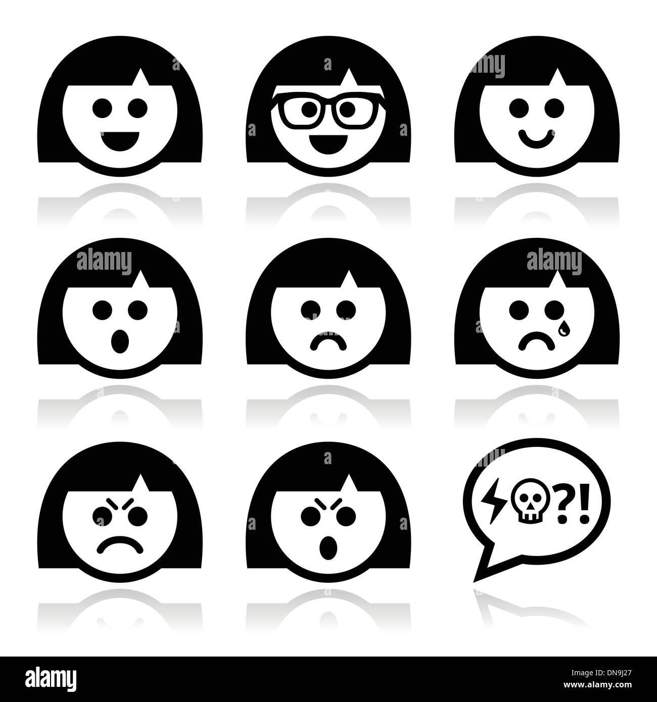 Smiley girl or woman faces, avatar vector icons set Stock Vector