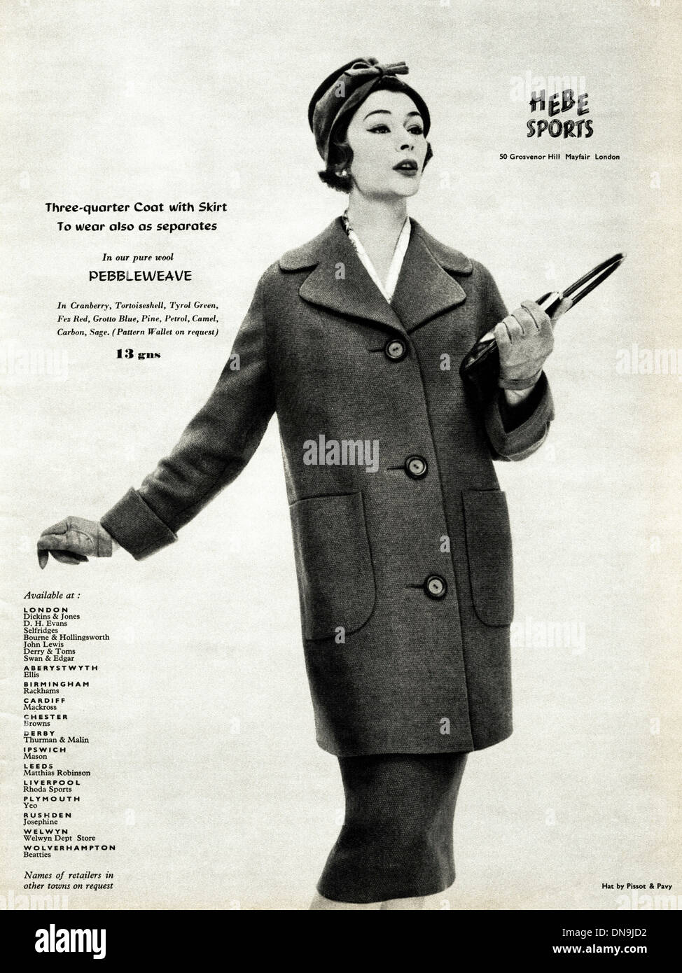 1950s advertising. Vintage original women's fashion magazine advertisement for HEBE SPORTS coat & skirt Stock Photo