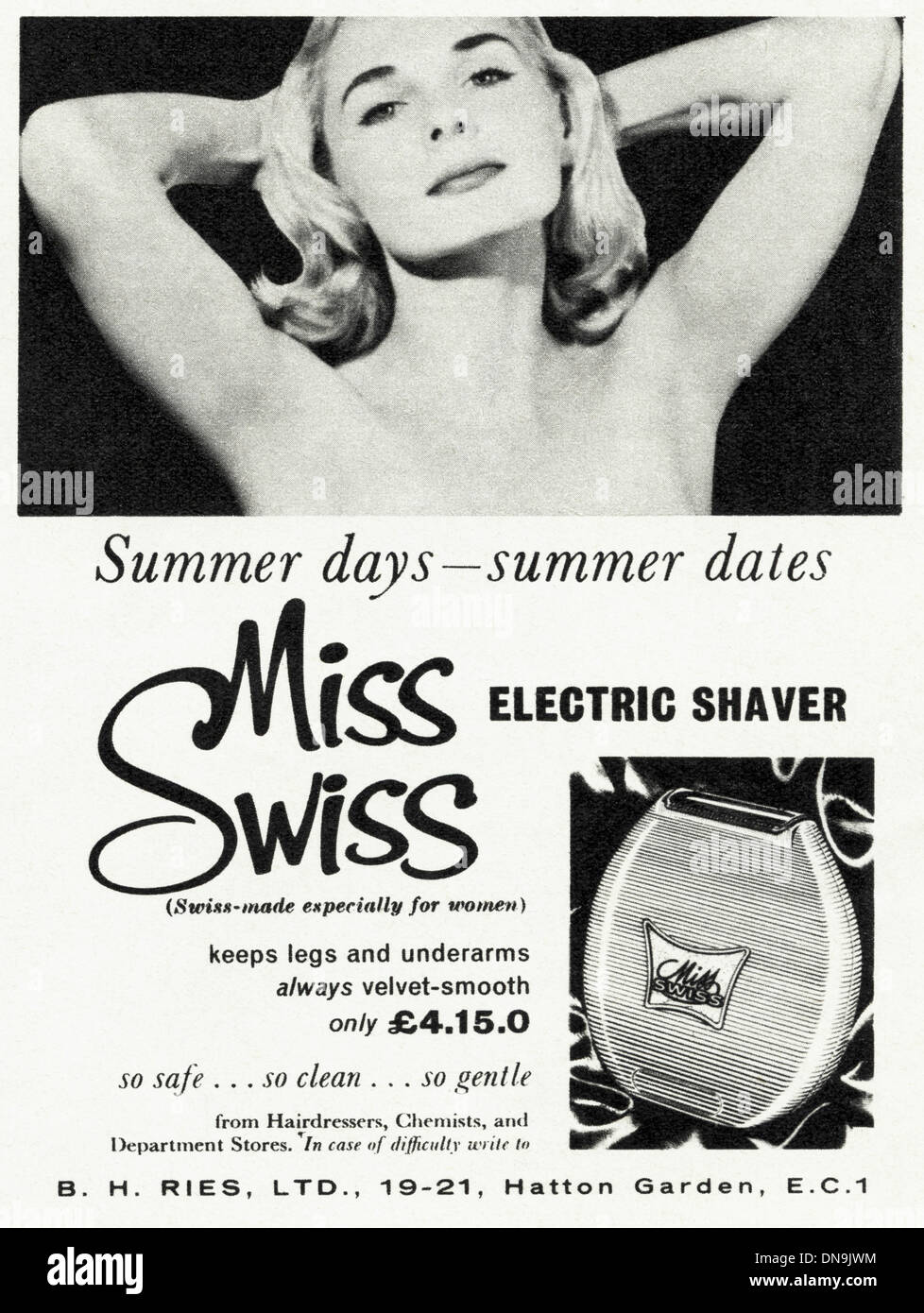 1950s advertising. Vintage original women's fashion magazine advertisement for MISS SWISS lady's electric shaver Stock Photo