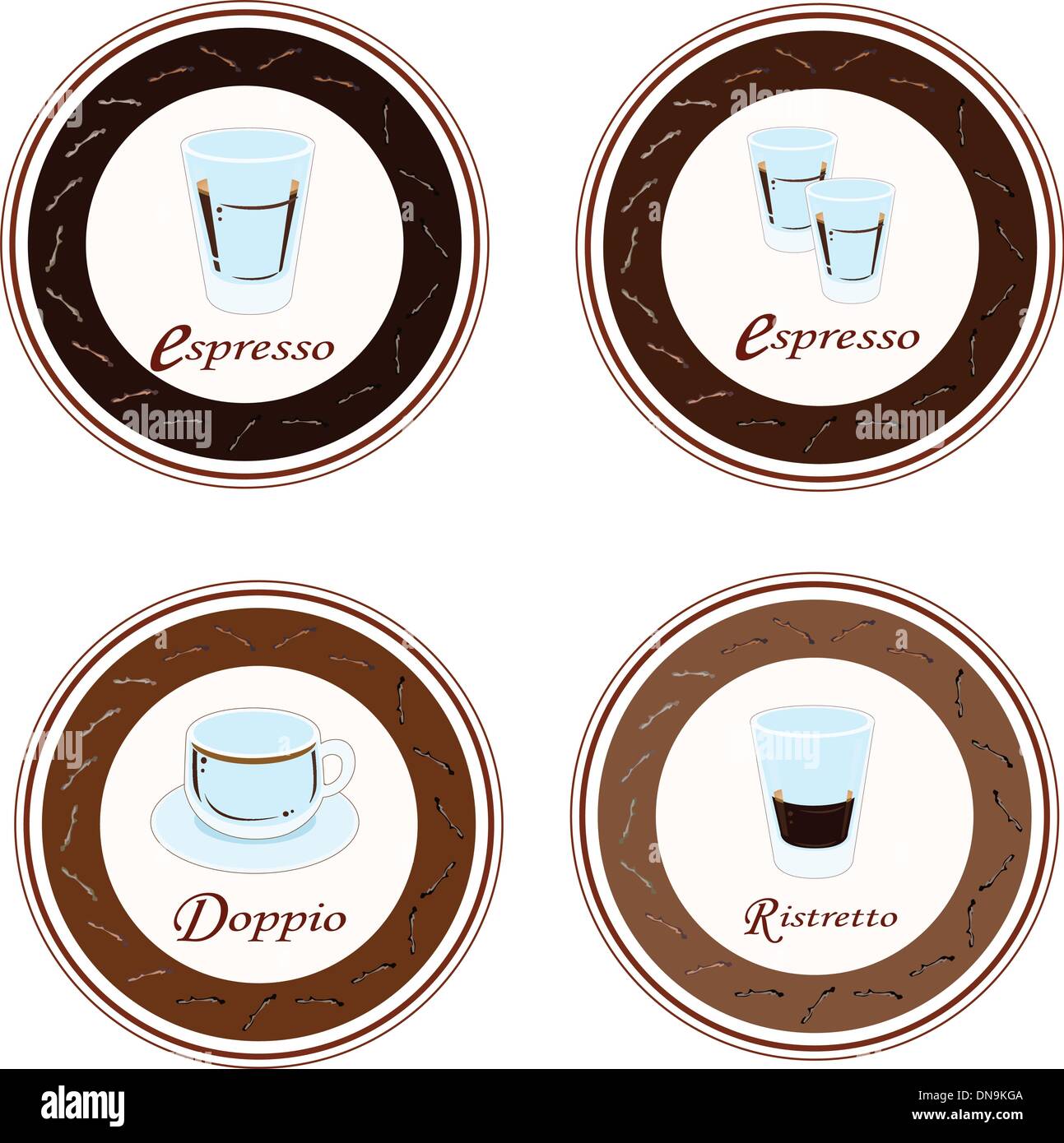 Four Type of Hot Coffee in Retro Round Label Stock Vector