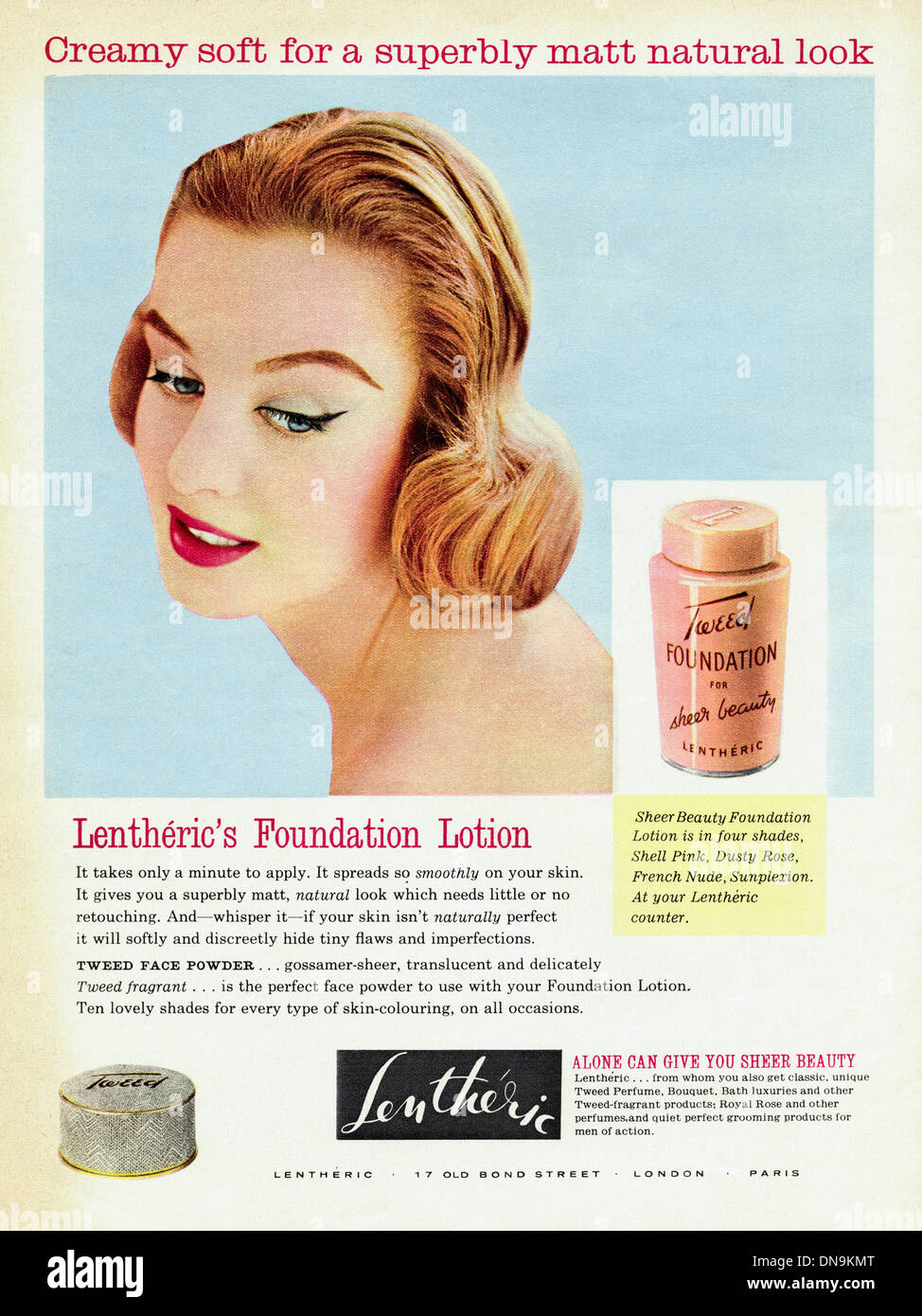 1950s advertising. Vintage original women's fashion magazine advertisement for TWEED foundation makeup by LENTHERIC Stock Photo