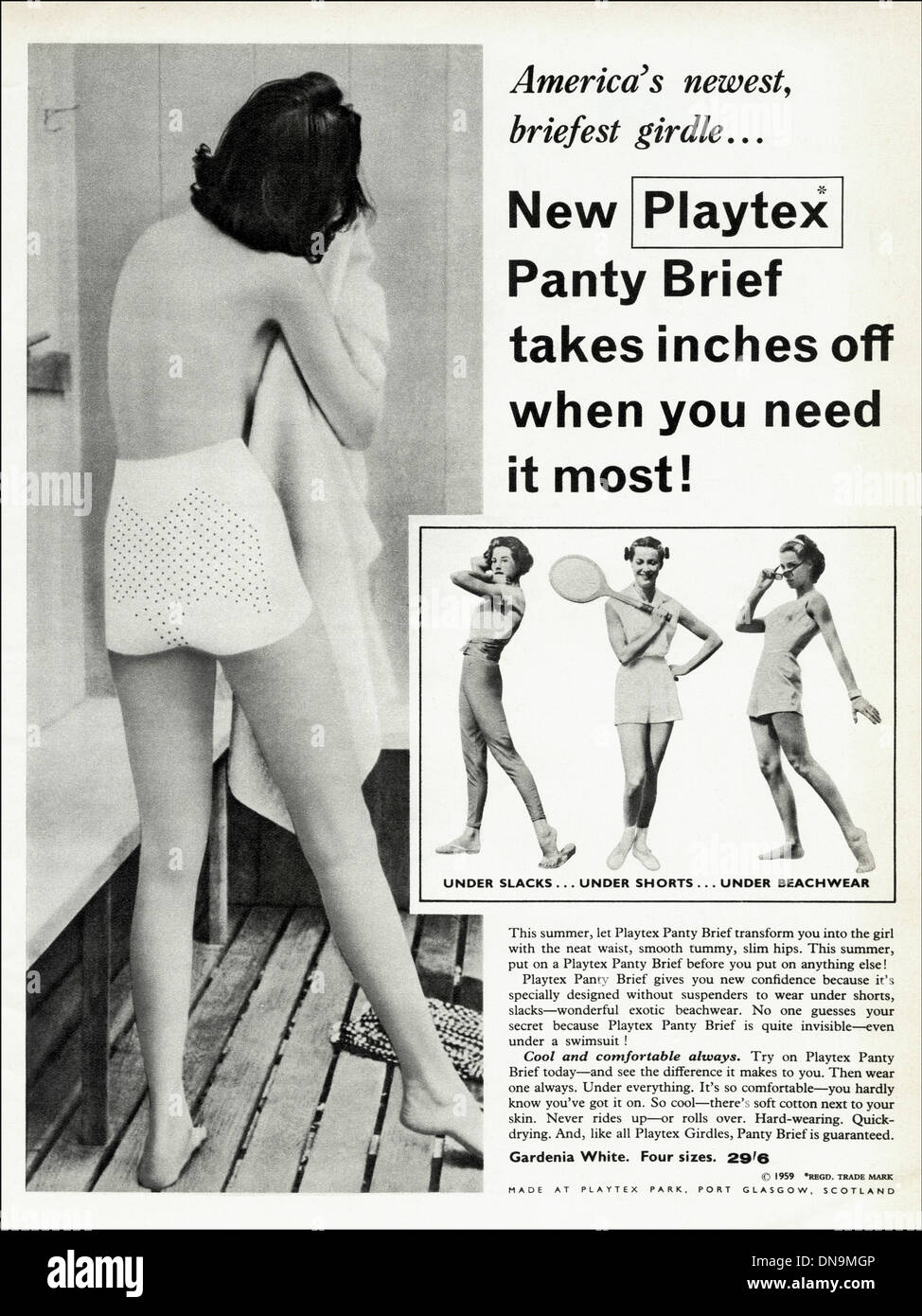 1950s advertising. Vintage original women's fashion magazine advertisement  for lady's PLAYTEX PANTY BRIEF Stock Photo - Alamy