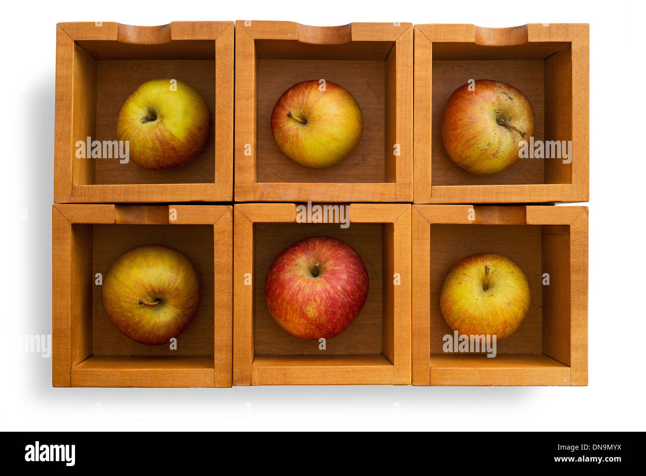 Six apples in six wooden boxes. Isolated Stock Photo Alamy