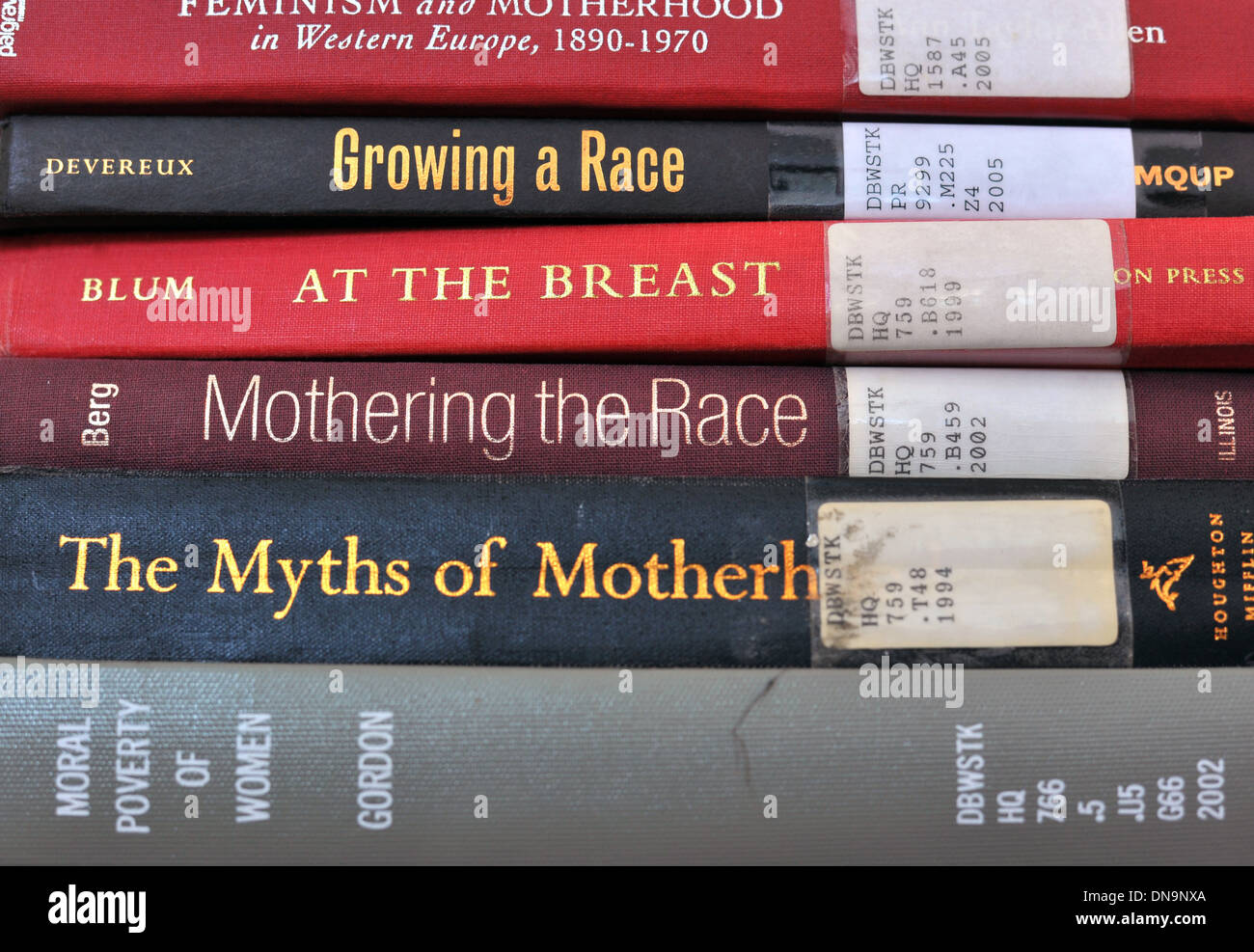 A stack of academic books on mothering and race. Stock Photo