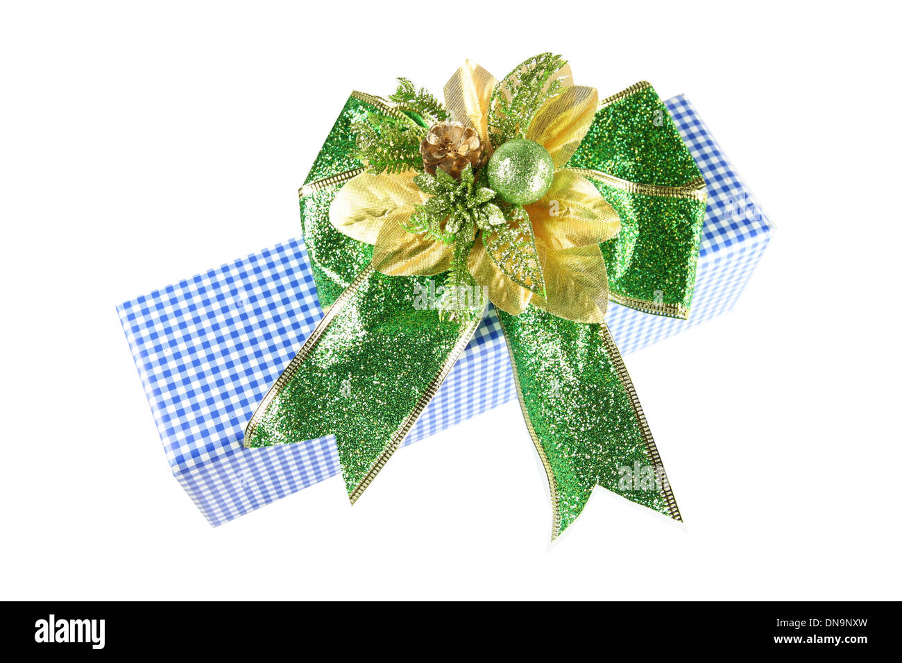 Green Ribbon and blue Gift Box on white background. Stock Photo