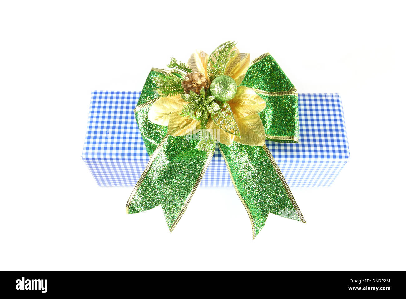 Green Ribbon and blue Gift Box on white background. Stock Photo