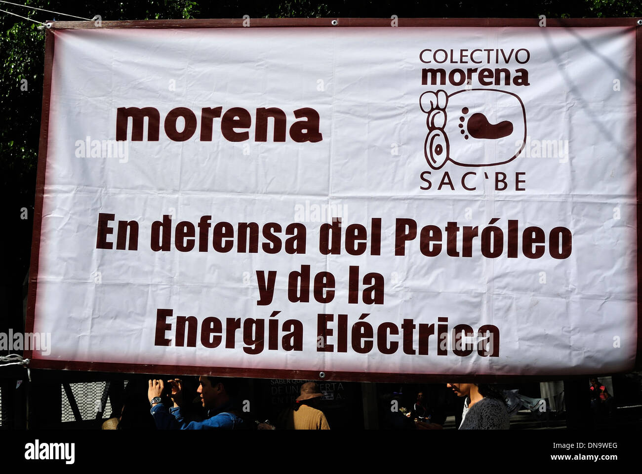 Protest placard outside Pemex Building, Paseo de la Reforma, Mexico City Stock Photo