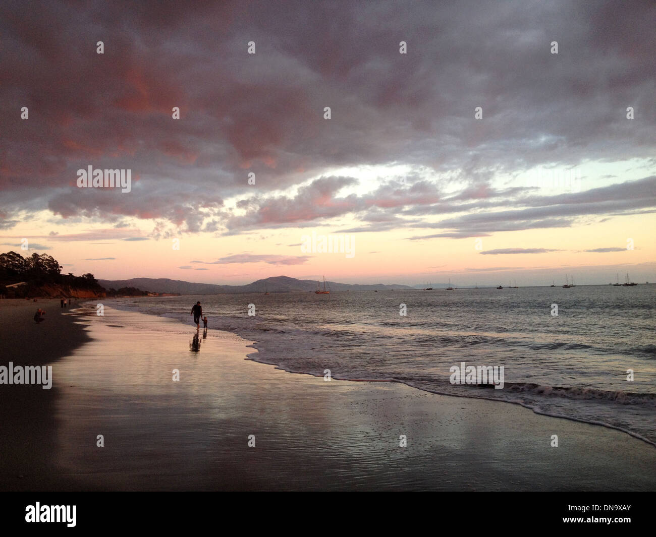 The beach in Santa Barbara, California at sunset Stock Photo