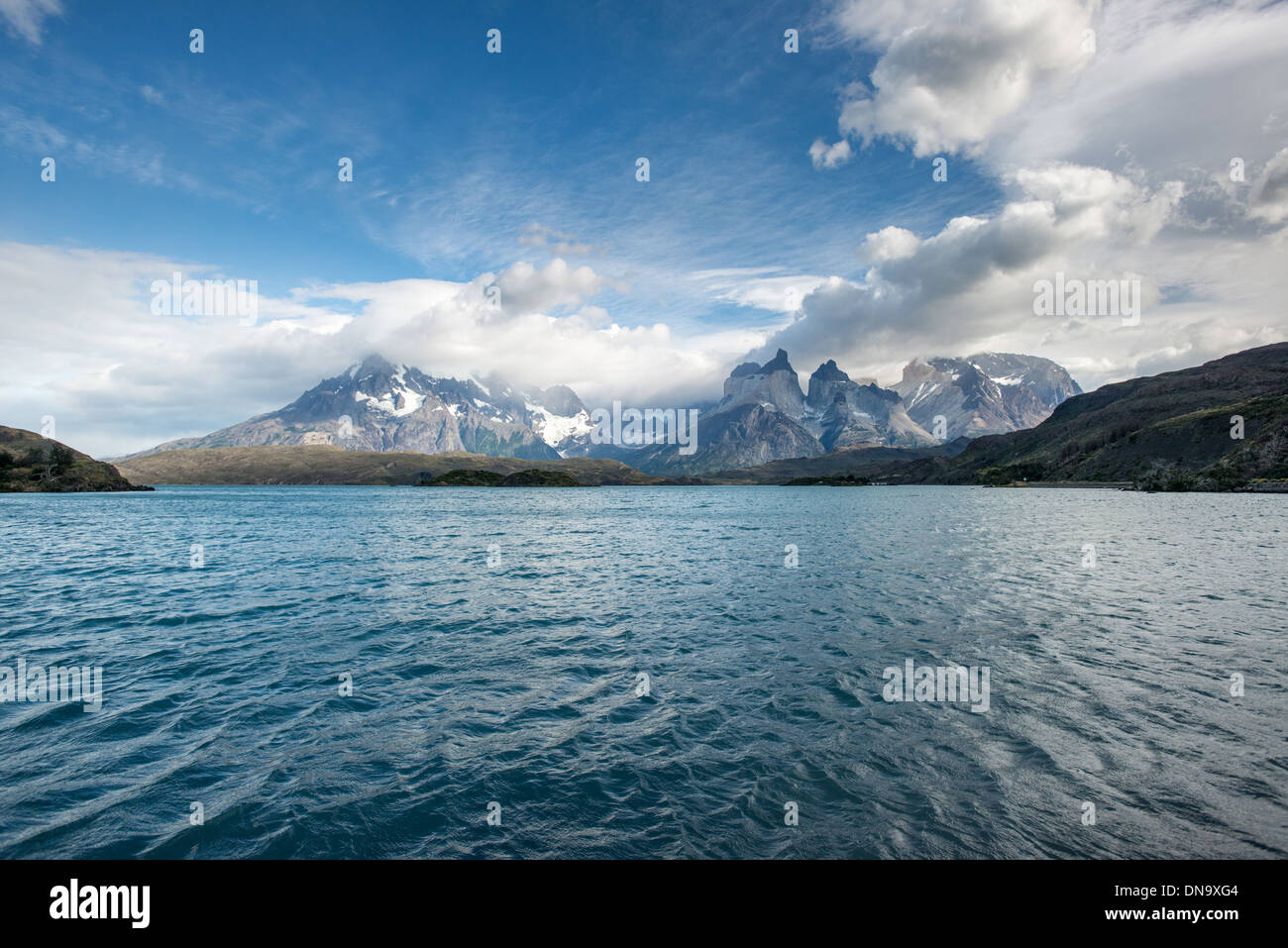 Water way and mountain ranges in Torres del Paine National Park Chile Stock Photo