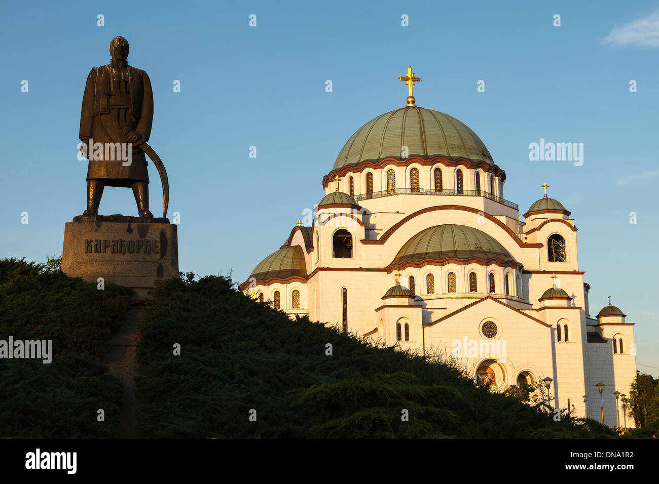 Statue of Black George and Sant Sava Orthodox church. Belgrad, Serbia Stock Photo