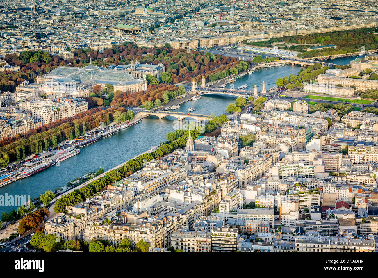 Aerial view of Paris with Seine River and Grand Palace, France Stock Photo