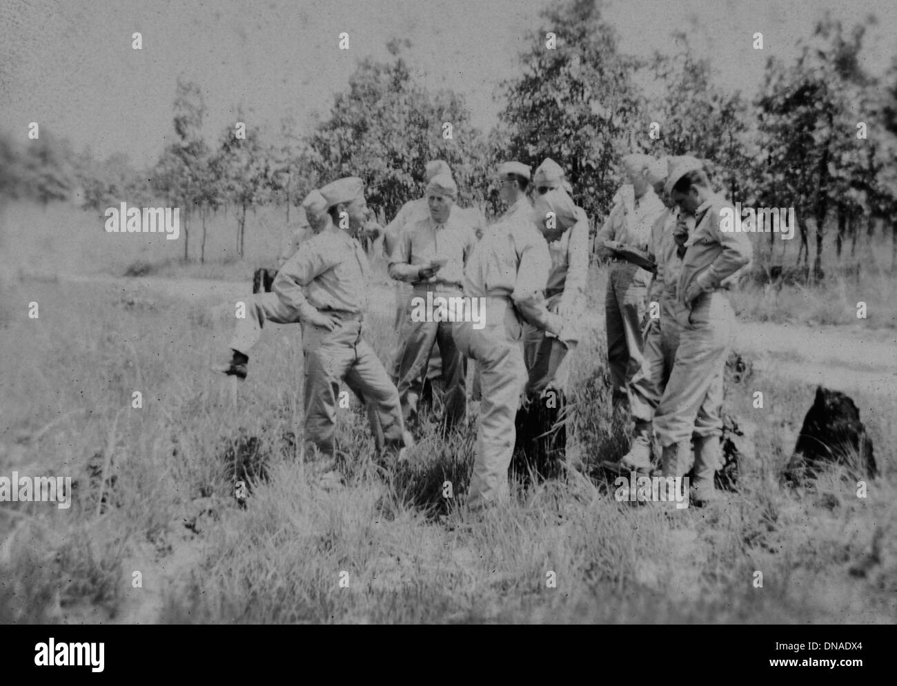 Group of Military Soldiers in Uniform in Field, Portrait, WWII, US Army Military Base, Indiana, USA, 1942 Stock Photo