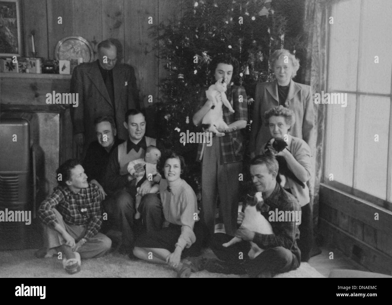 Family Portrait in front of Christmas Tree, Circa 1950's Stock Photo