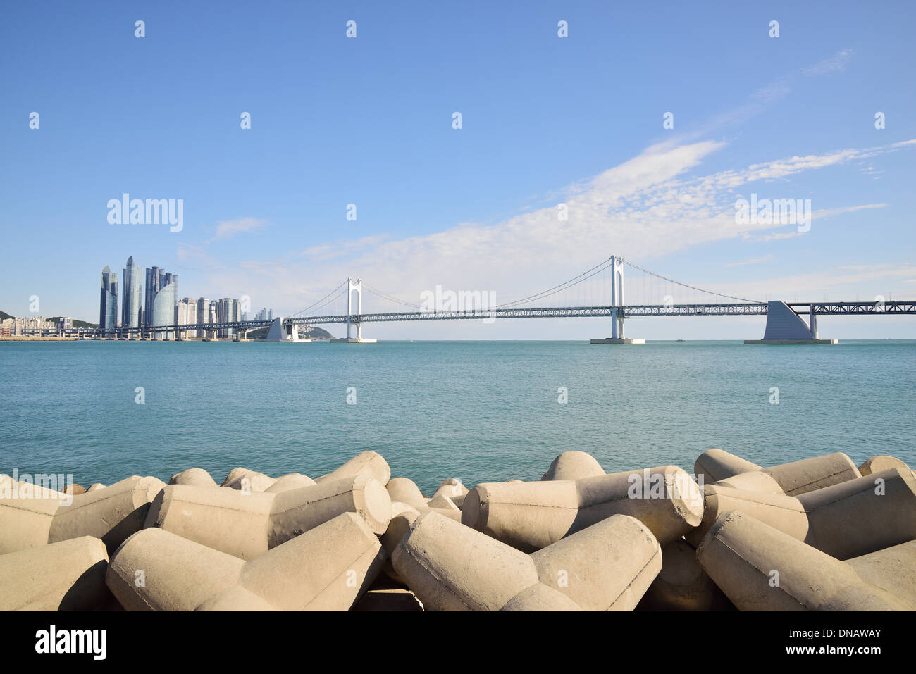 GwangAn Big Bridge and Marine City in HaeUnDae in Korea Stock Photo