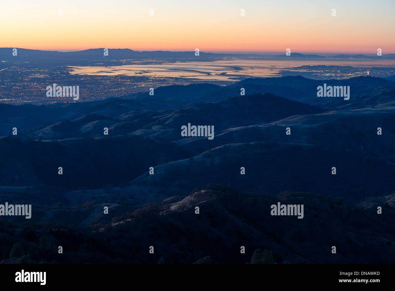 San Jose and Silicon Valley view at night,  as seen from Mount Hamilton. Stock Photo