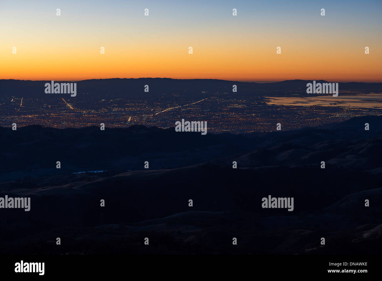 San Jose and Silicon Valley view at night,  as seen from Mount Hamilton. Stock Photo