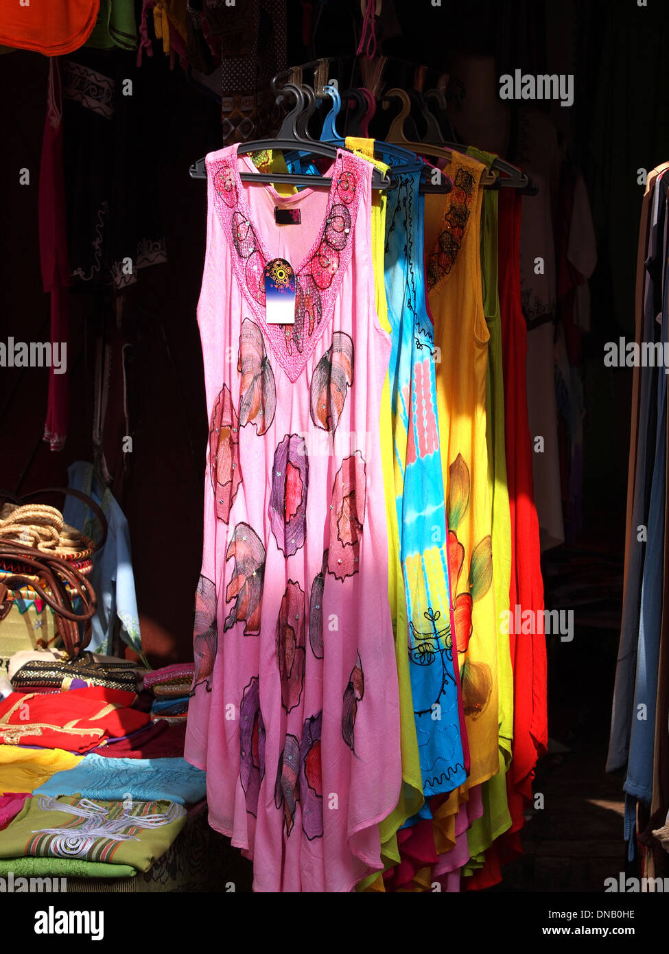 Cheap women's clothes at a street market,in Marrakech Stock Photo