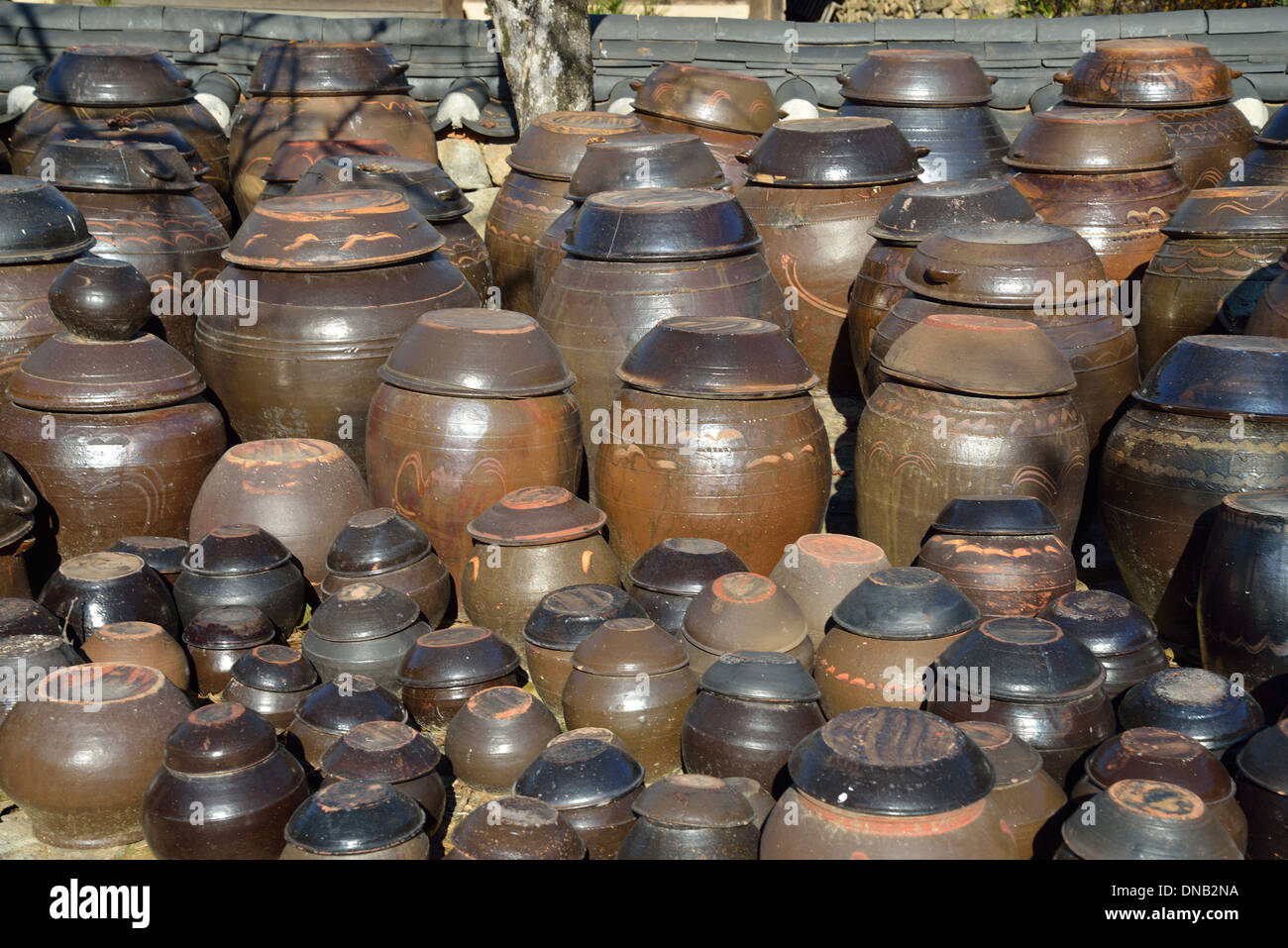 Korean Traditional platform for crocks of sauces and condiments Stock Photo