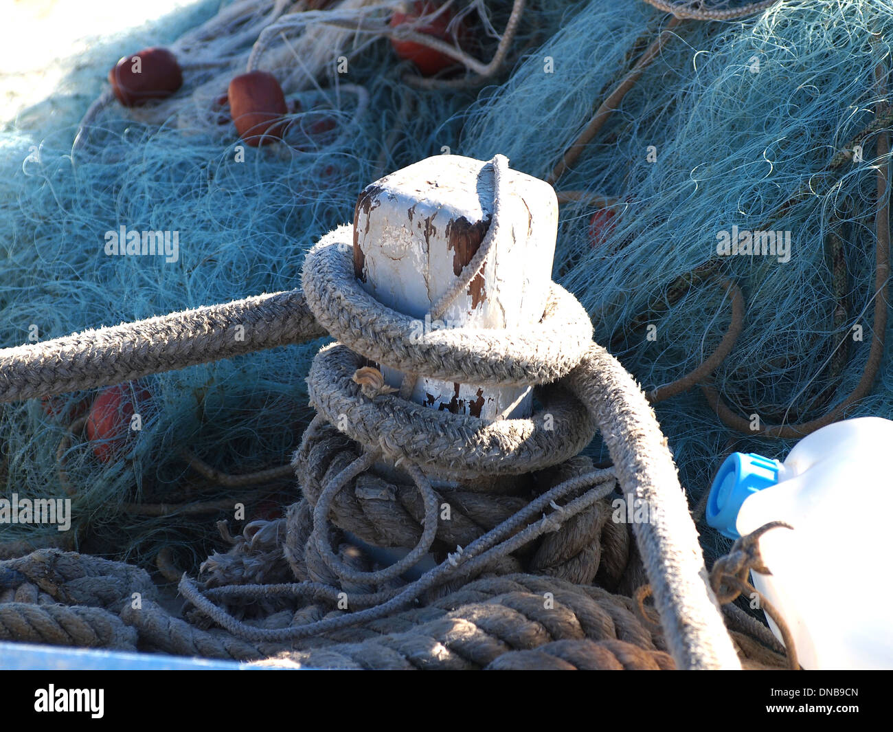 Boat Rope Net ropes and net on wooden fishing boat Stock Photo - Alamy