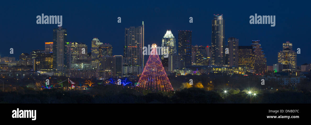 This Austin panorama shows the Austin skyline behind the Zilker Park Christmas Tree and the