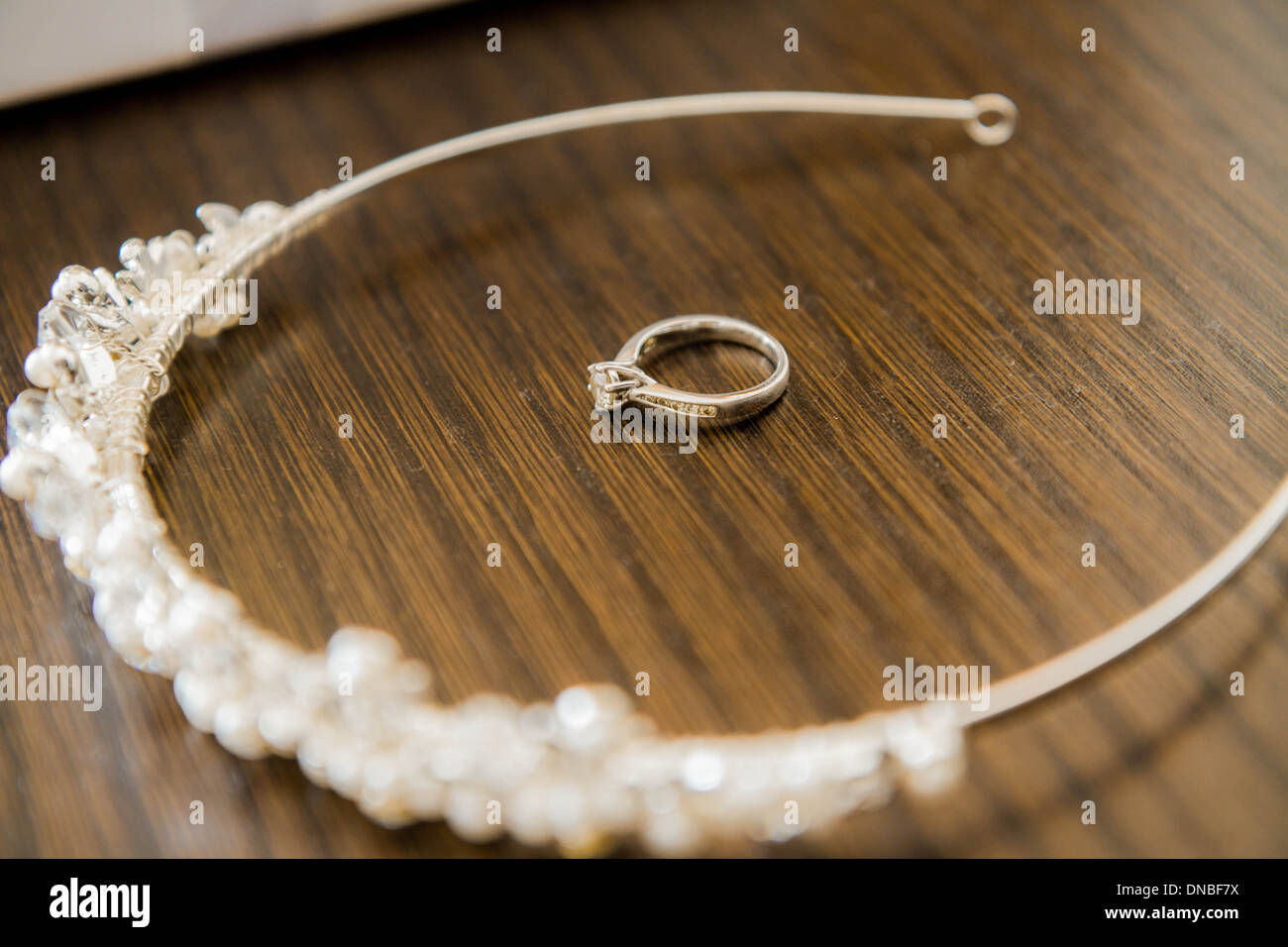 Wedding day bride tiara and ring Stock Photo - Alamy